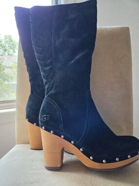 UGG Black Suede Studded Wooden Platform Heel Boots